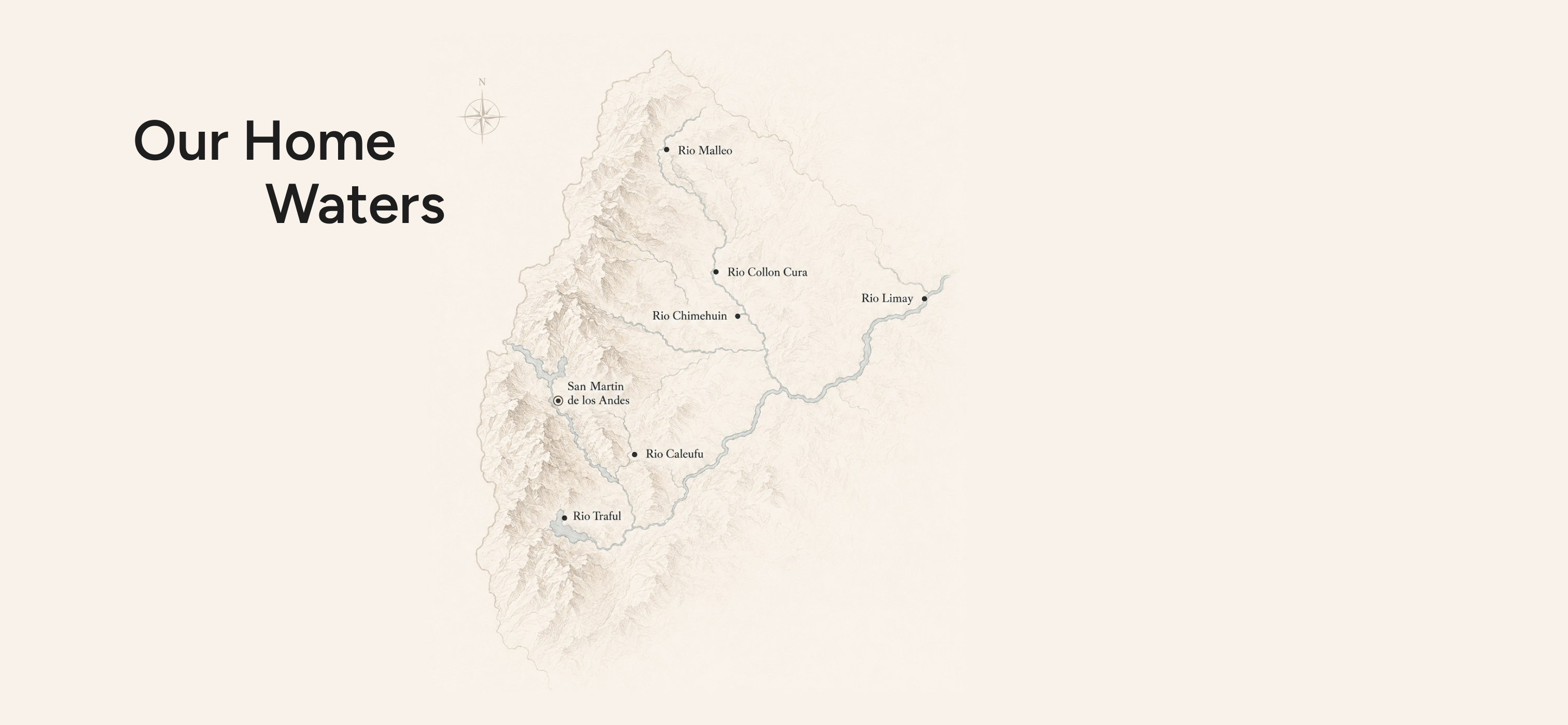 Map of Northern Patagonia showing the R&iacute;o Malleo, Coll&oacute;n Cura, Chimehuin, Limay, Caleufu and Traful around San Mart&iacute;n de los Andes