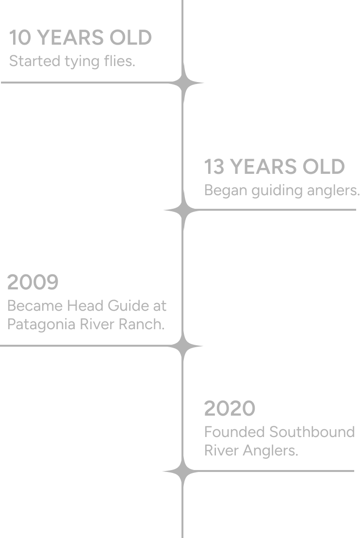 Timeline: age 10 started tying flies; age 13 began guiding anglers; 2009 became Head Guide at Patagonia River Ranch; 2020 founded Southbound River Anglers